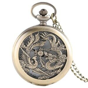 Bronze Half Hunter Hollow Pocket Watches Lucky Dragon & Phoenix with Chain